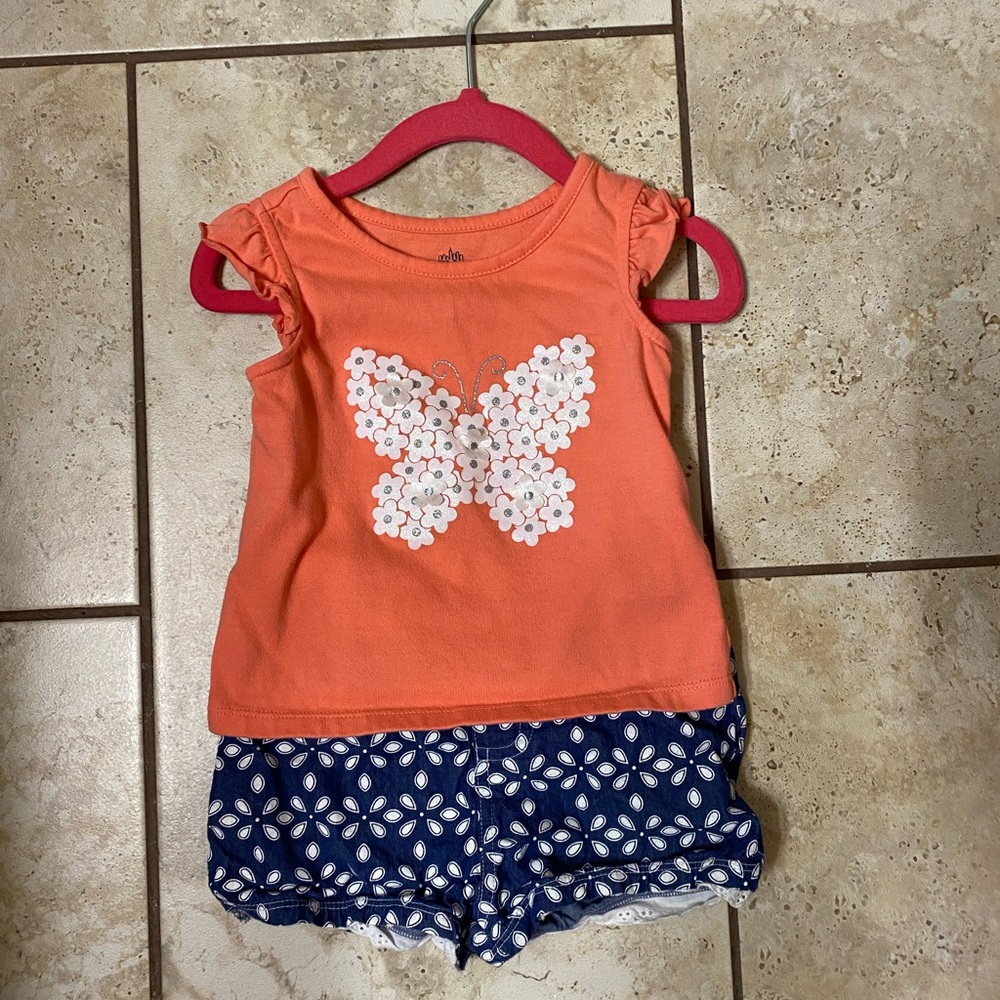 Matching Set I Girls Orange butterfly shirt with Blue Flower Shorts I